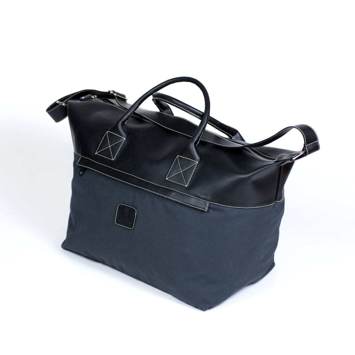 Black leather and petrol blue cotton canvas duffel bag