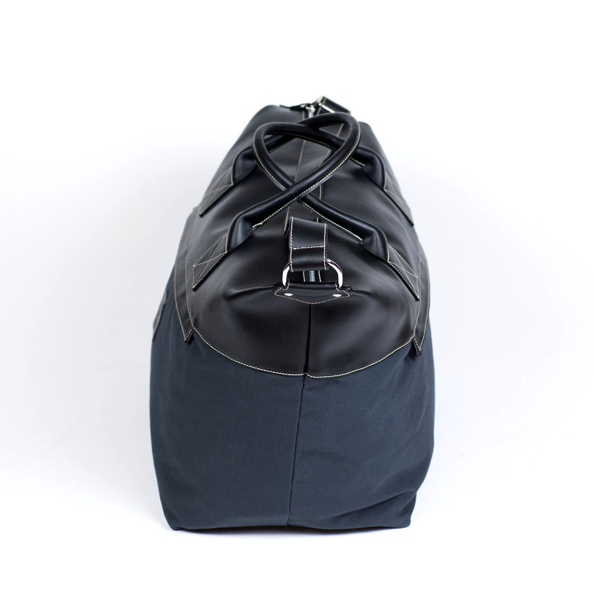 Black leather and petrol blue cotton canvas duffel bag