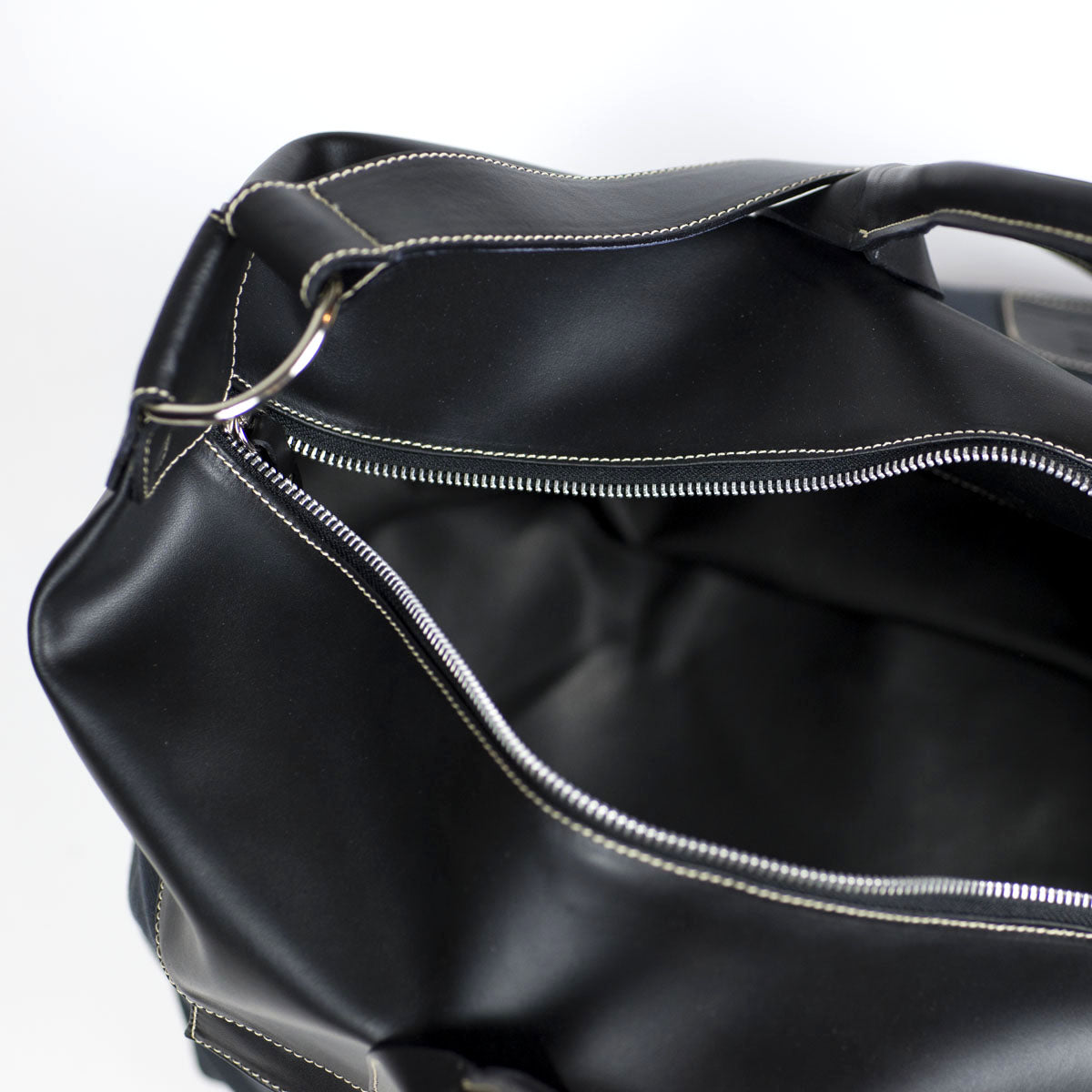 Black leather and petrol blue cotton canvas duffel bag