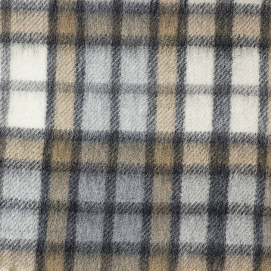 Beige, grey and cream plaid lambswool & angora scarf