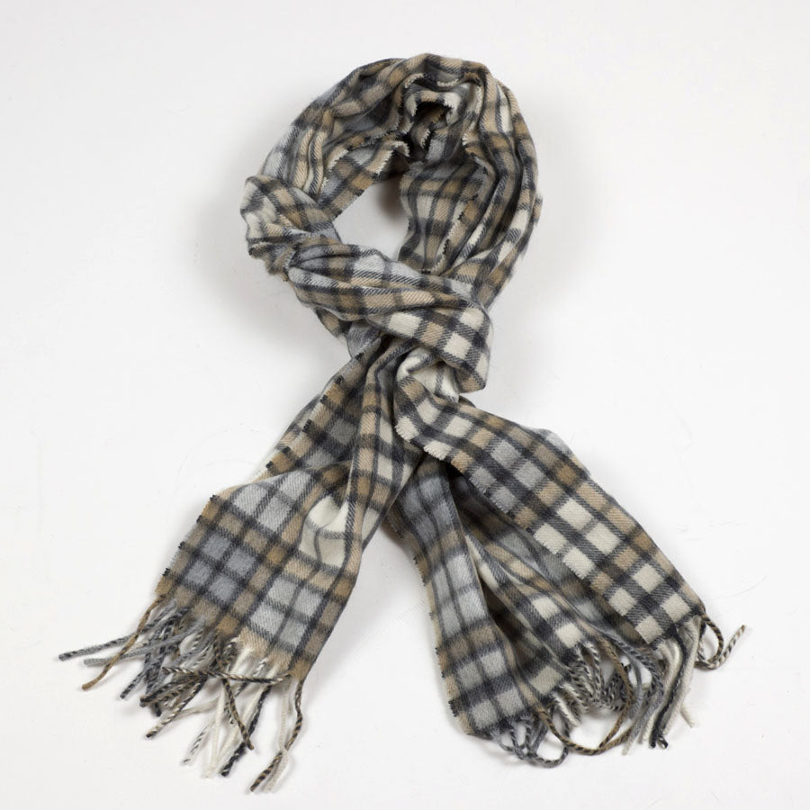 Beige, grey and cream plaid lambswool & angora scarf