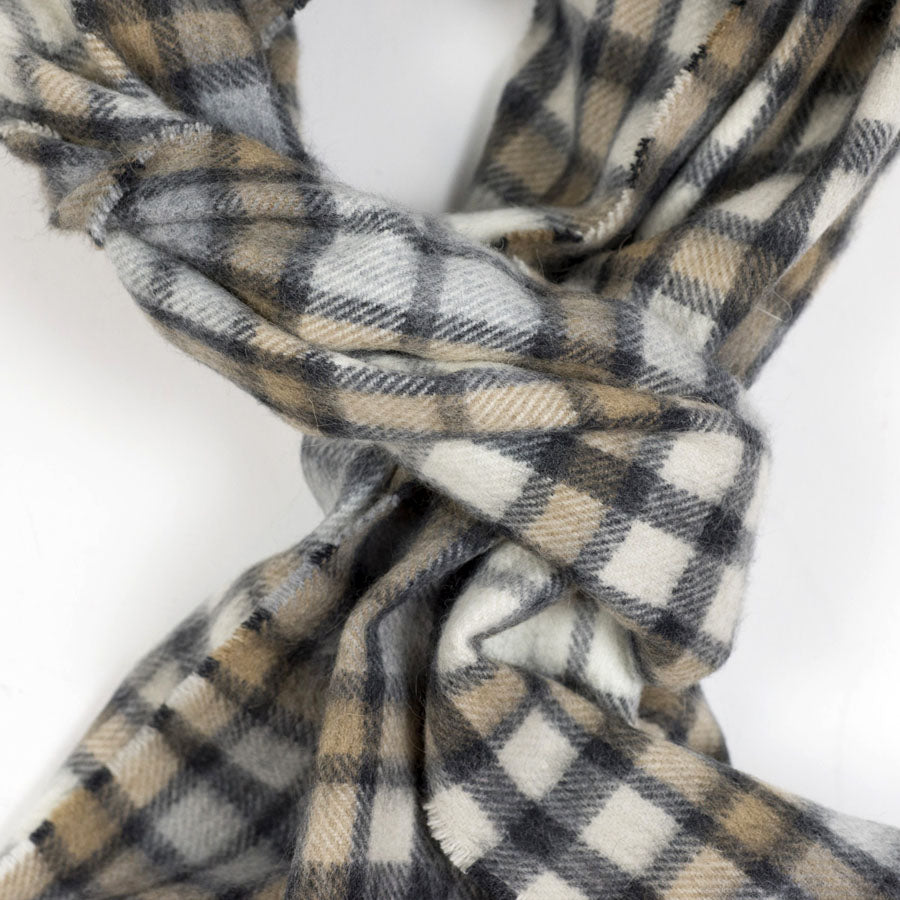 Beige, grey and cream plaid lambswool & angora scarf