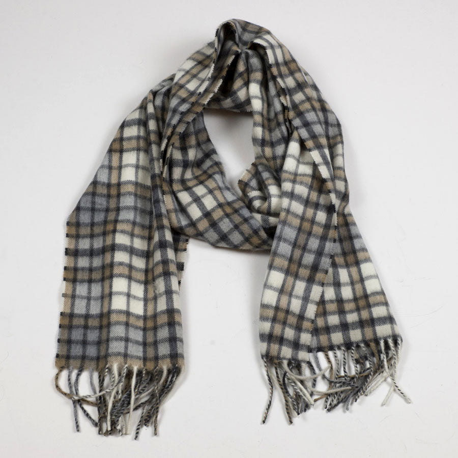 Beige, grey and cream plaid lambswool & angora scarf