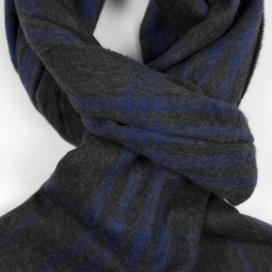 Grey and blue triple-check lambswool & angora scarf