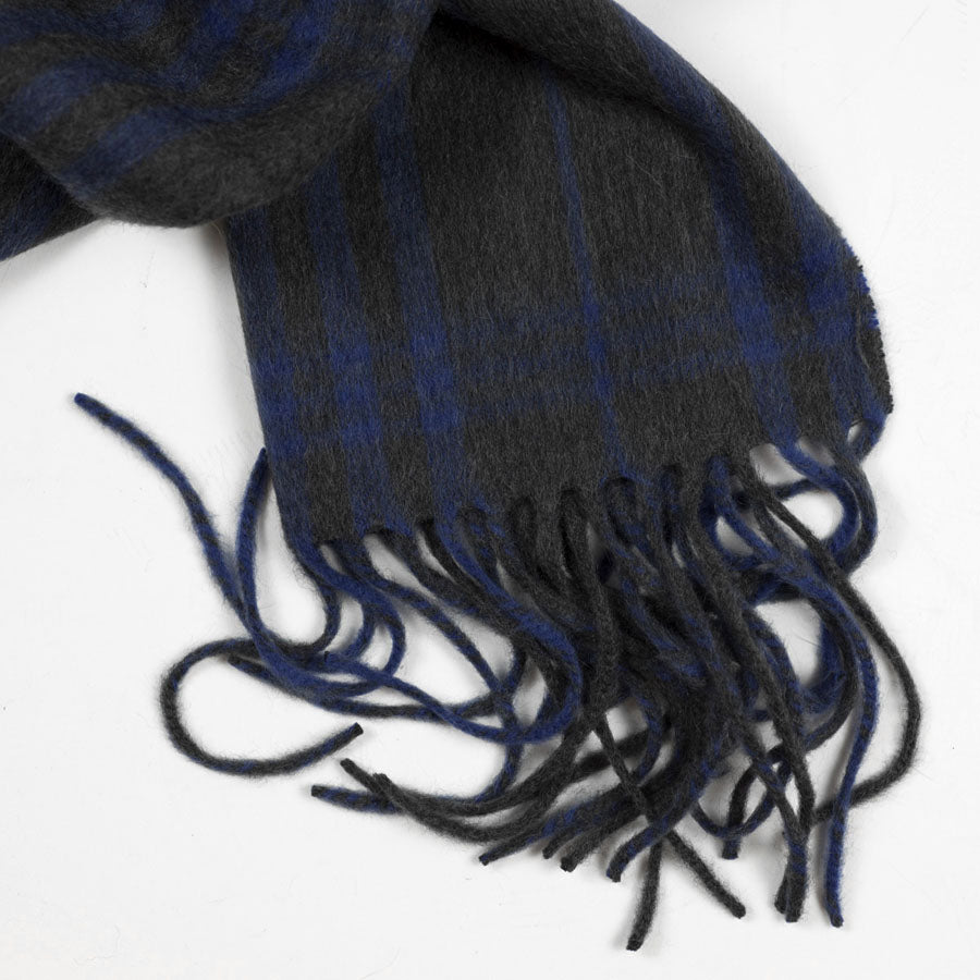 Grey and blue triple-check lambswool & angora scarf