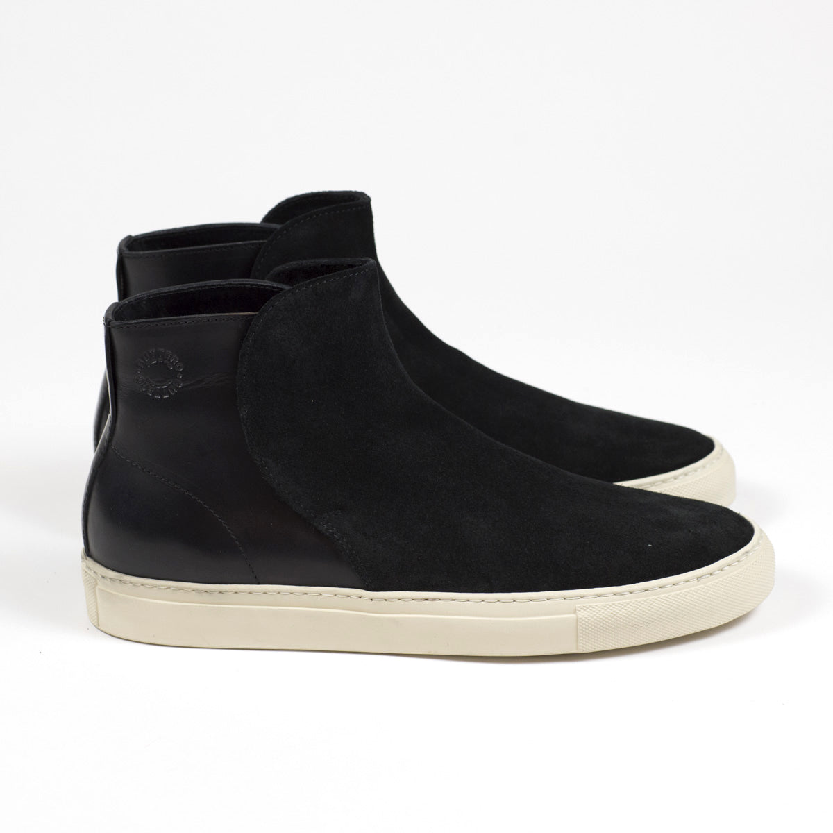 Black leather and suede high top slip-on sneakers