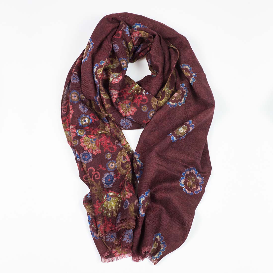 Double-faced lightweight wool print scarf, maroon, red & gold large flowerprint