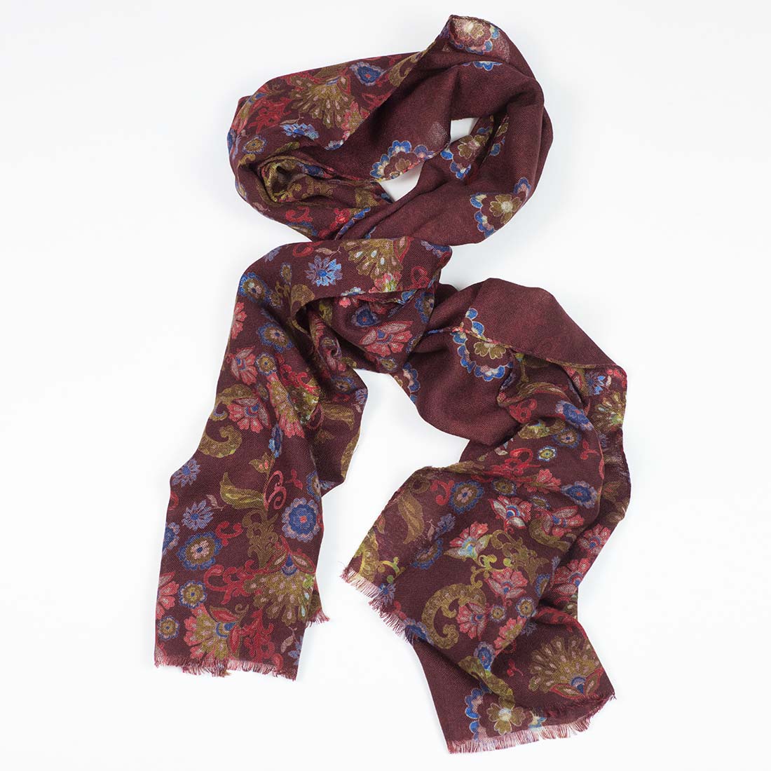 Double-faced lightweight wool print scarf, maroon, red & gold large flowerprint