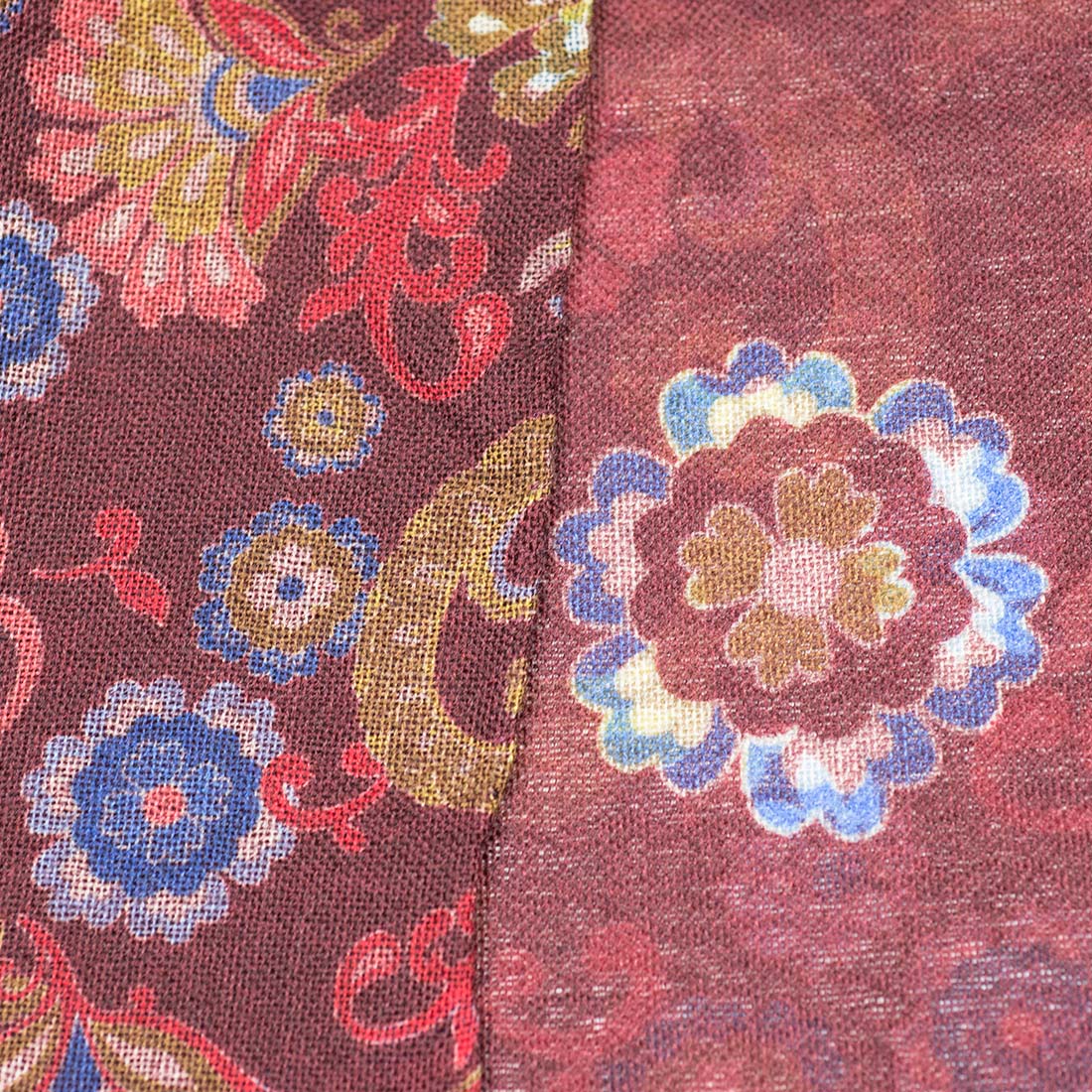 Double-faced lightweight wool print scarf, maroon, red & gold large flowerprint