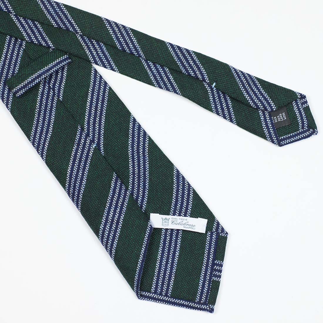 Forest green wool & silk tie, navy & white multi stripes