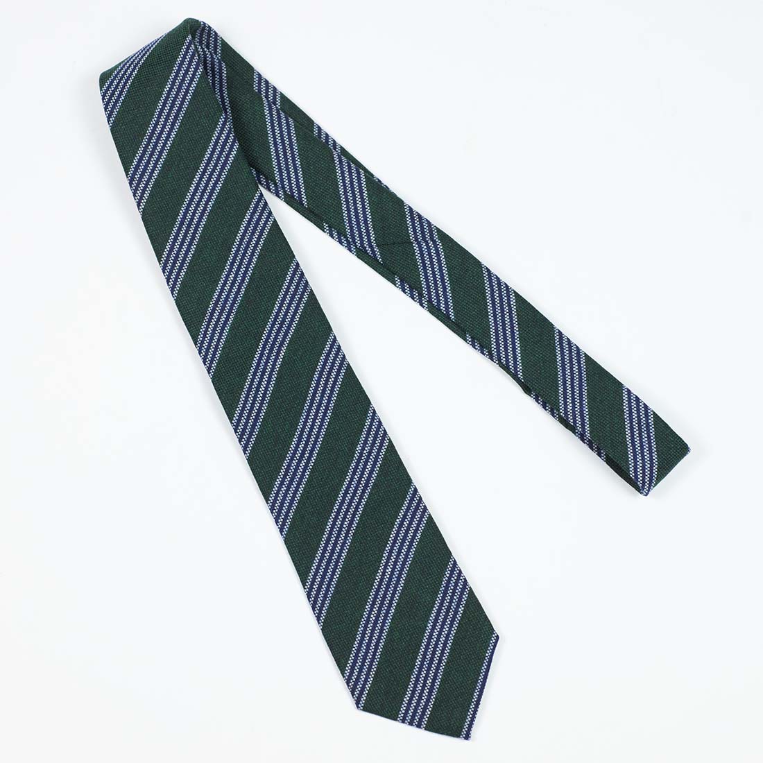 Forest green wool & silk tie, navy & white multi stripes