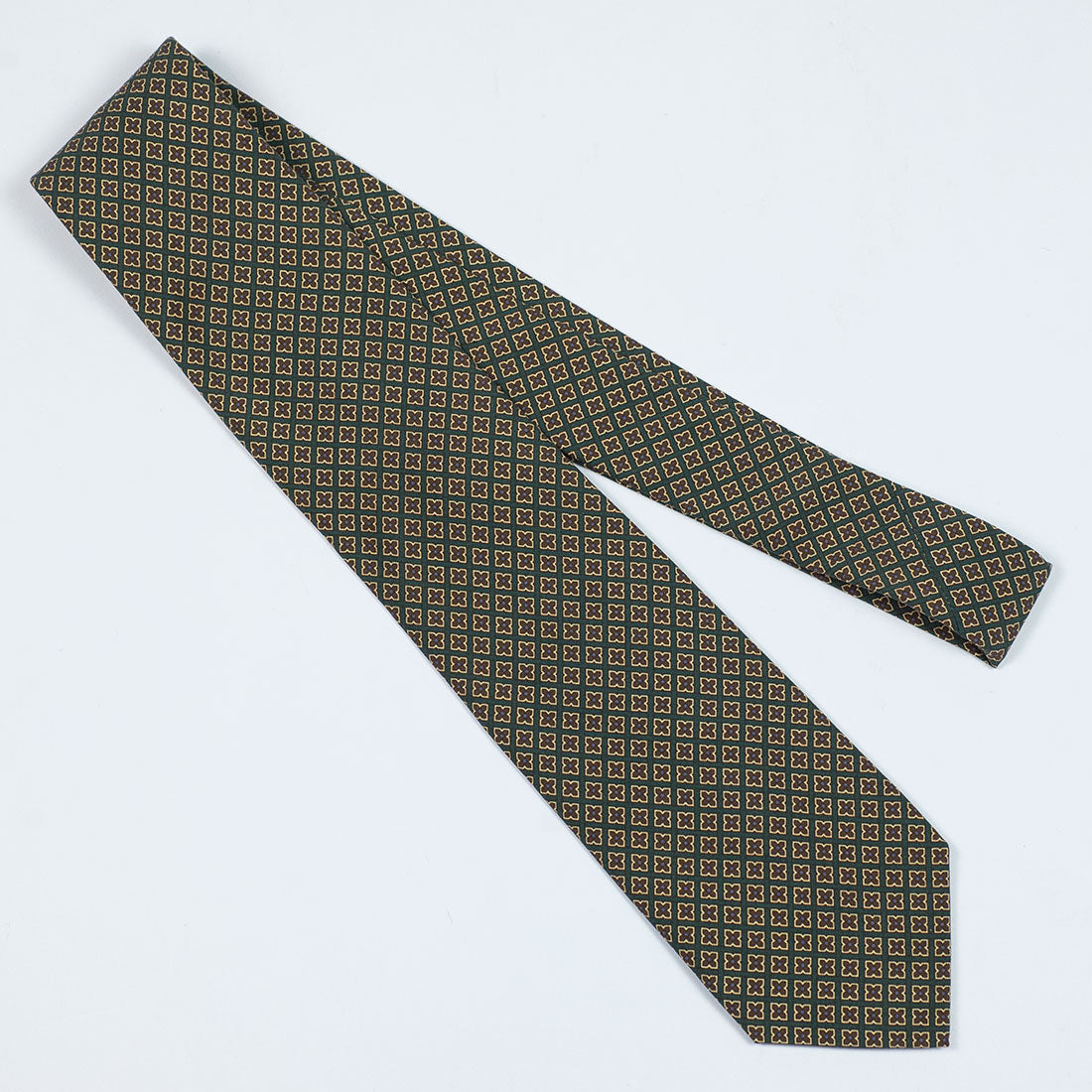 Dark green silk tie with brown neat print