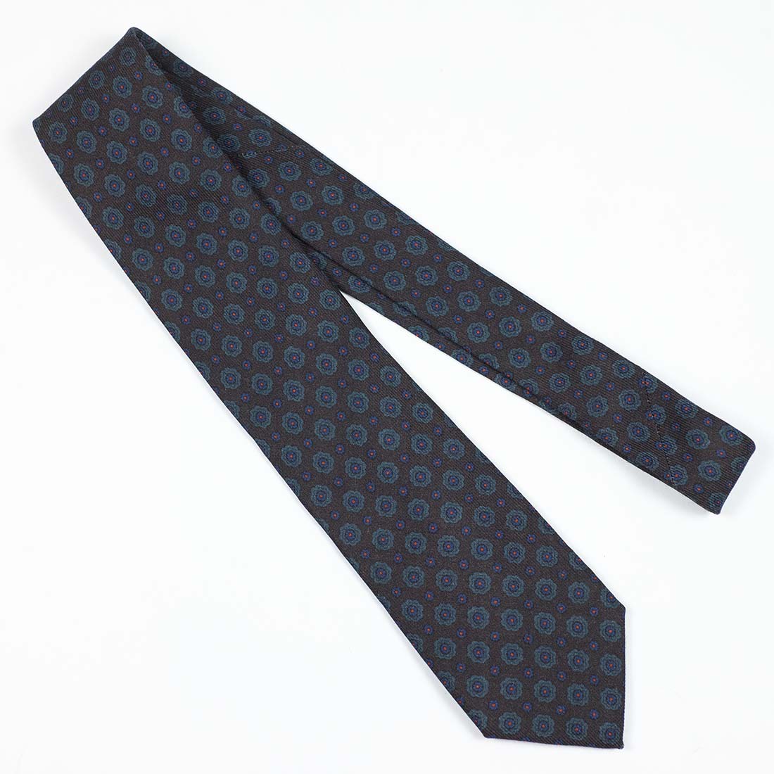 Dark brown wool tie, dusty teal archival print