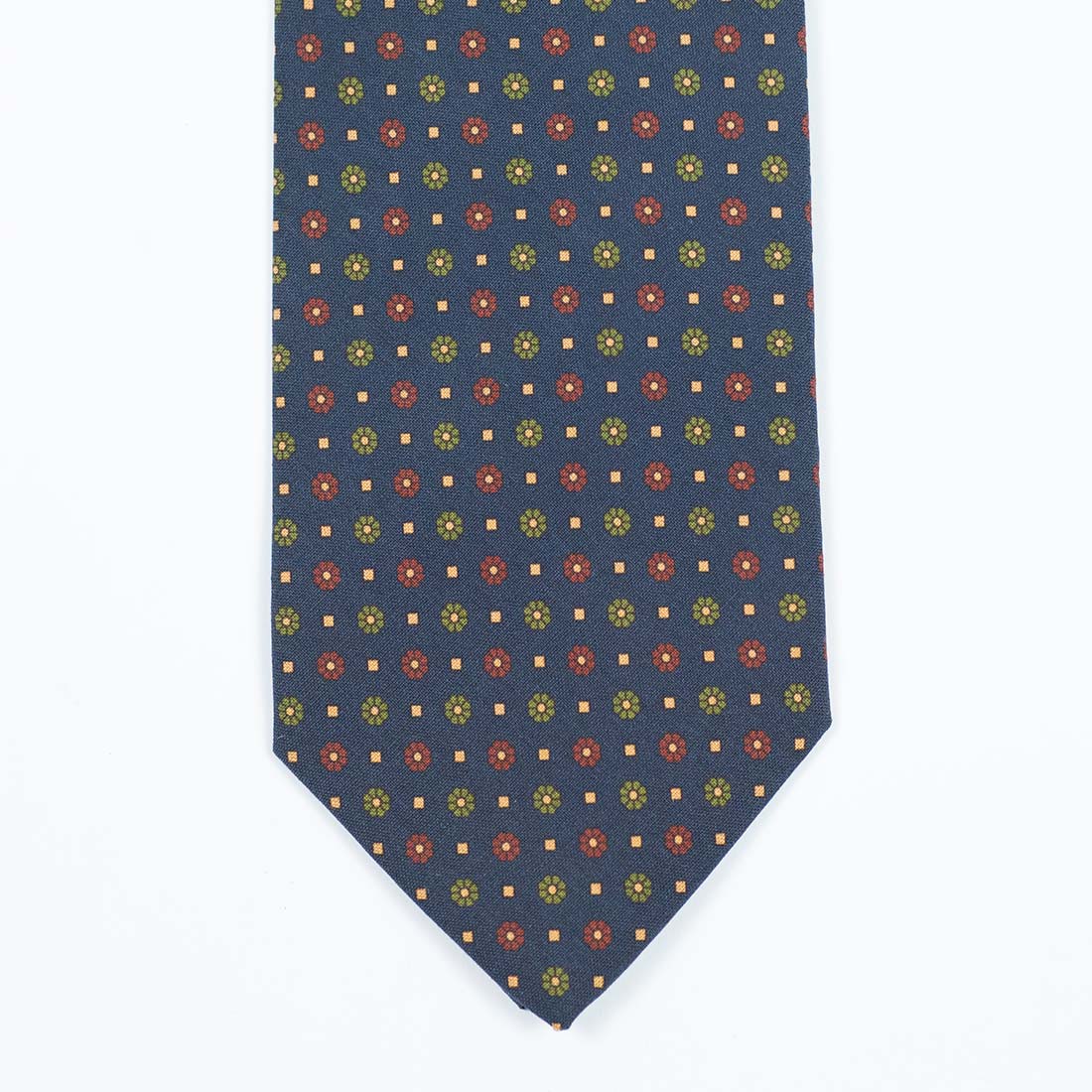 Denim blue silk tie with rust and green flower print