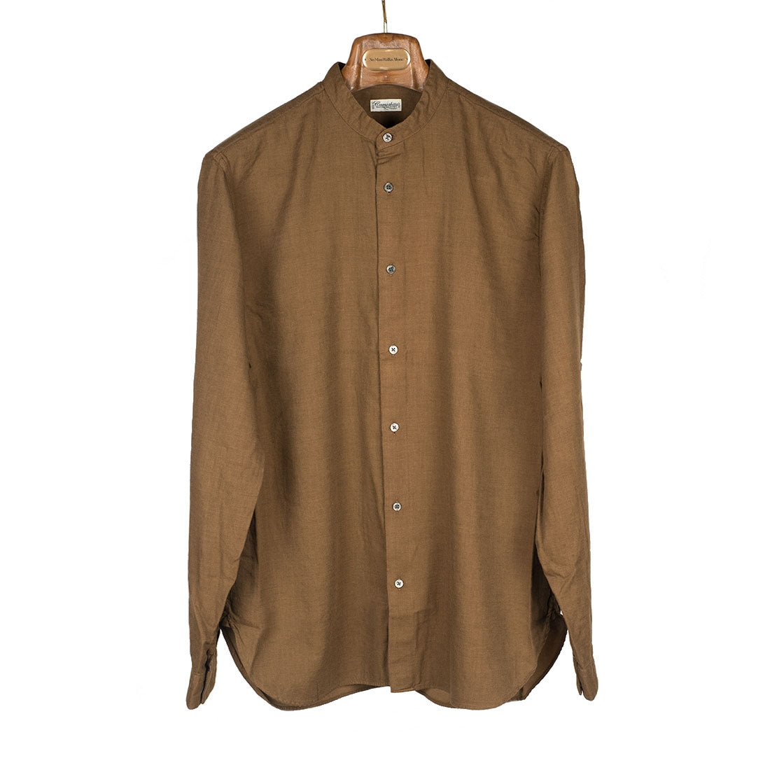 Band collar shirt in brown cotton twill