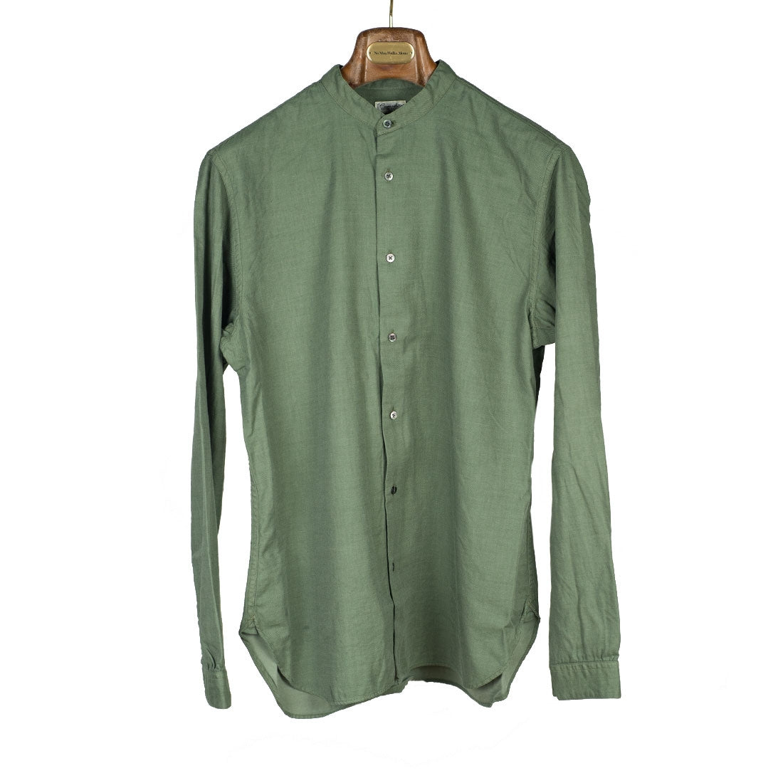 Band collar shirt in olive cotton twill