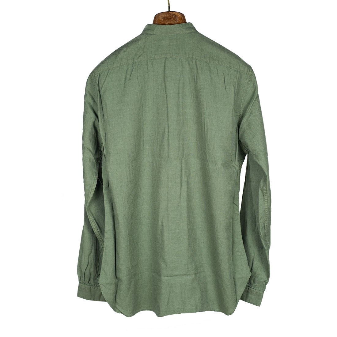 Band collar shirt in olive cotton twill