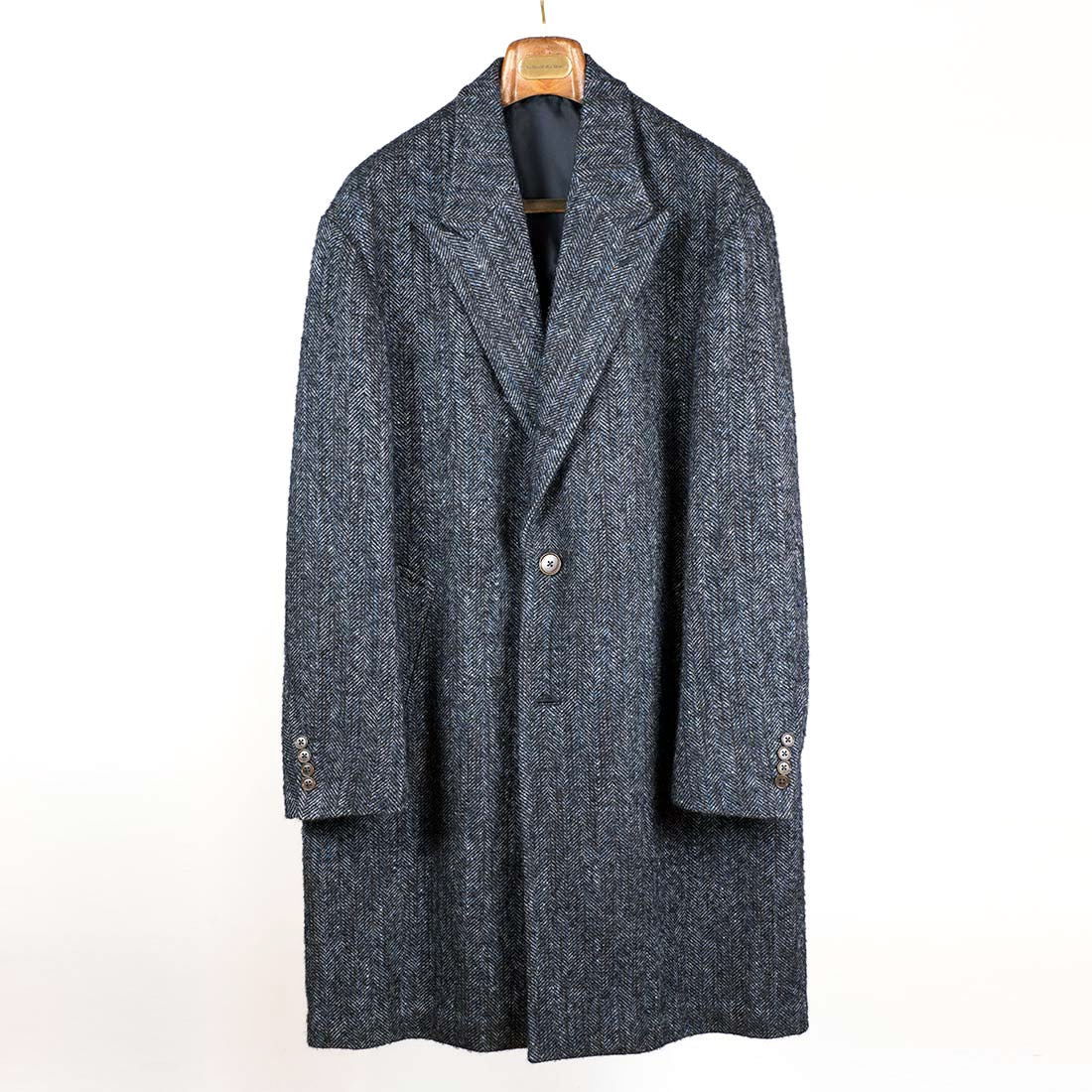 Blue herringbone mix peaked lapel overcoat