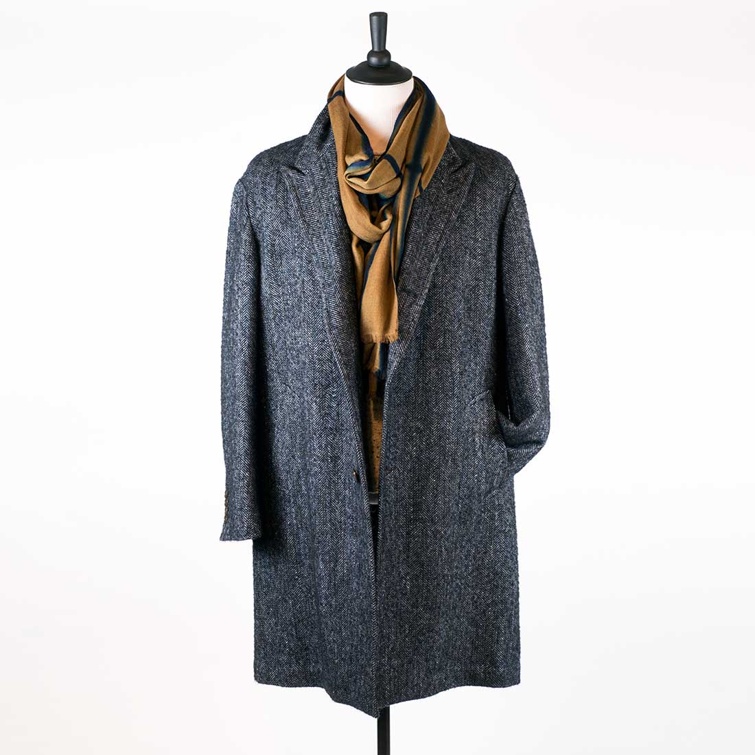 Blue herringbone mix peaked lapel overcoat