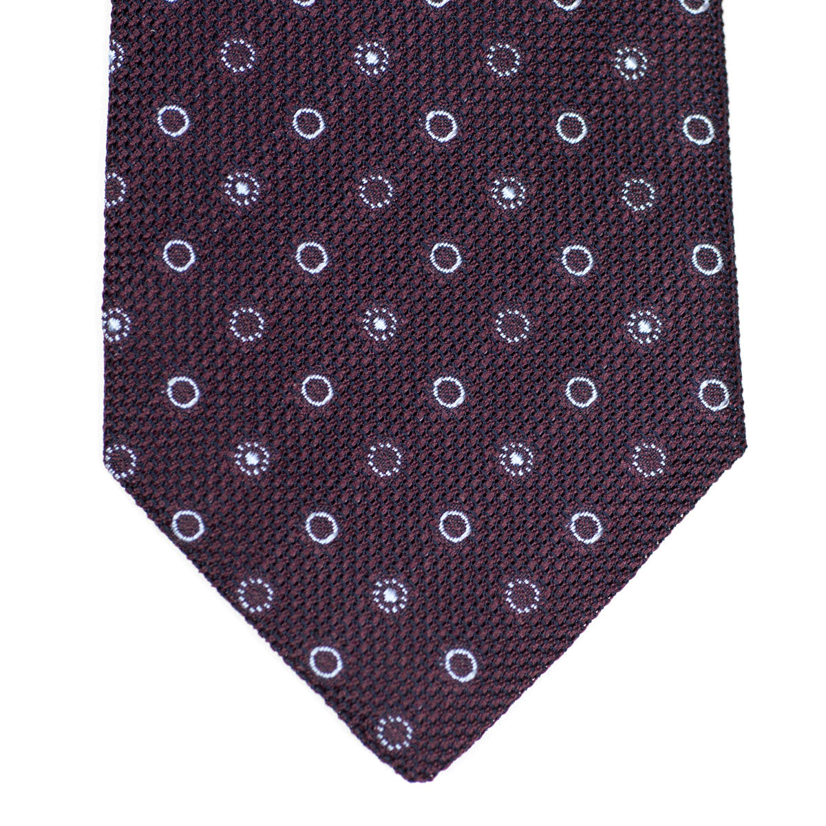 Burgundy woven silk tie, light blue circular motifs