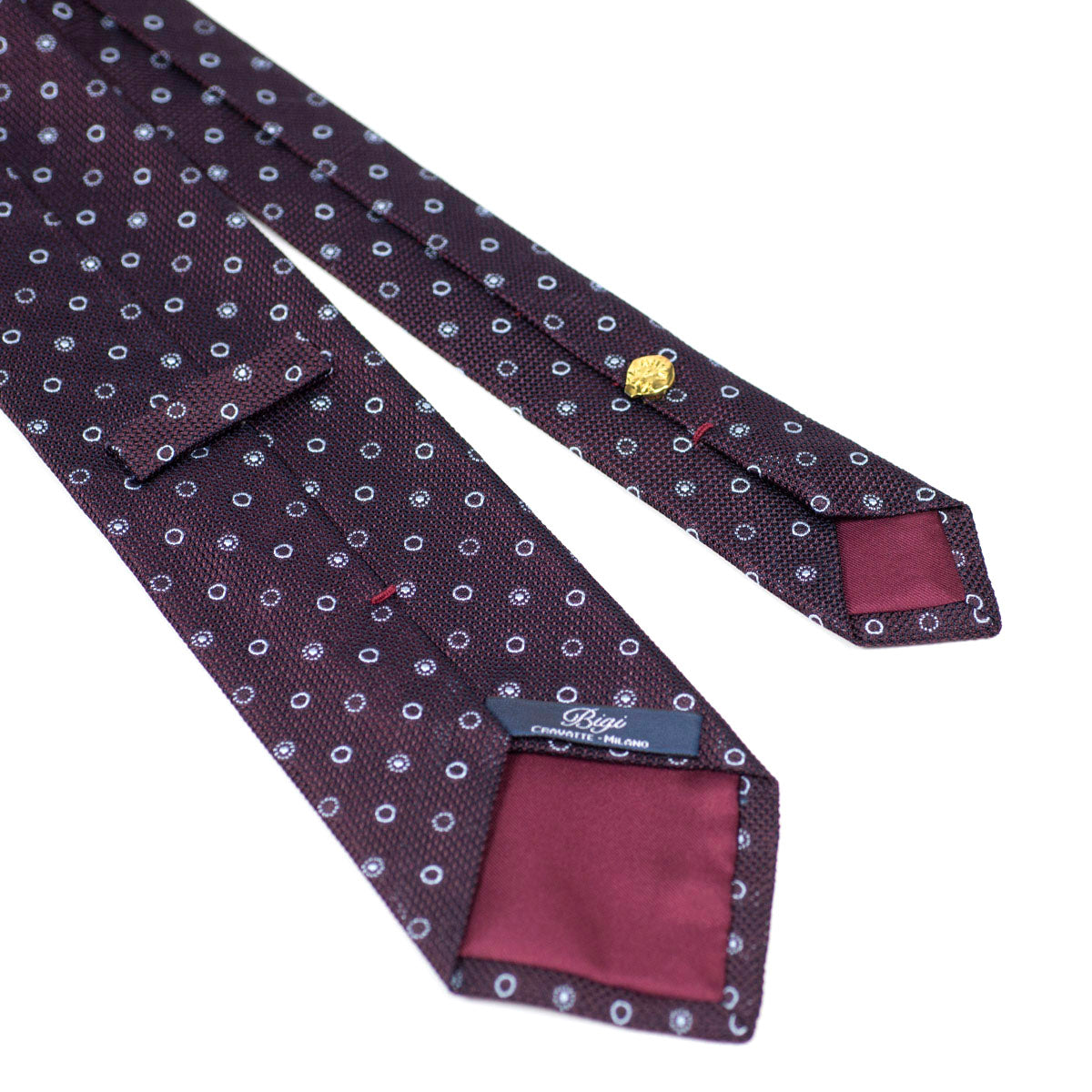 Burgundy woven silk tie, light blue circular motifs