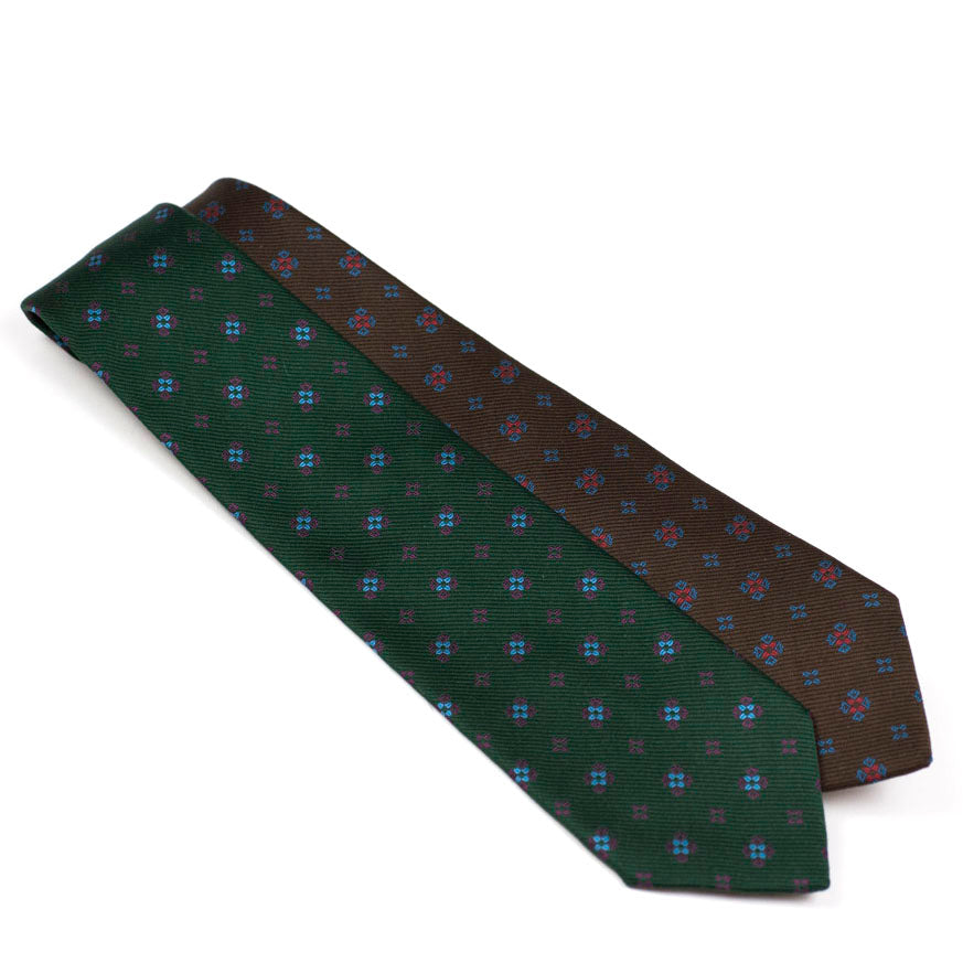 Green woven repp silk tie, blue & purple neat motifs