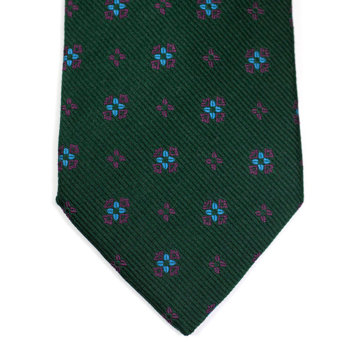 Green woven repp silk tie, blue & purple neat motifs