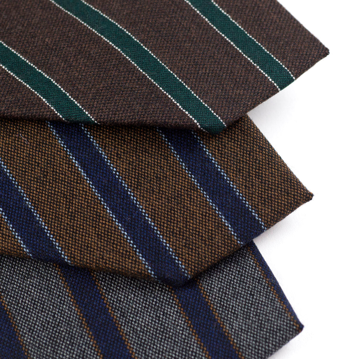 Brown wool tie, navy & light blue stripes