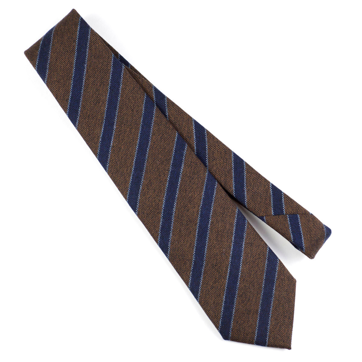 Brown wool tie, navy & light blue stripes