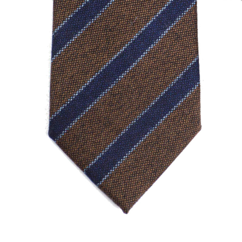 Brown wool tie, navy & light blue stripes