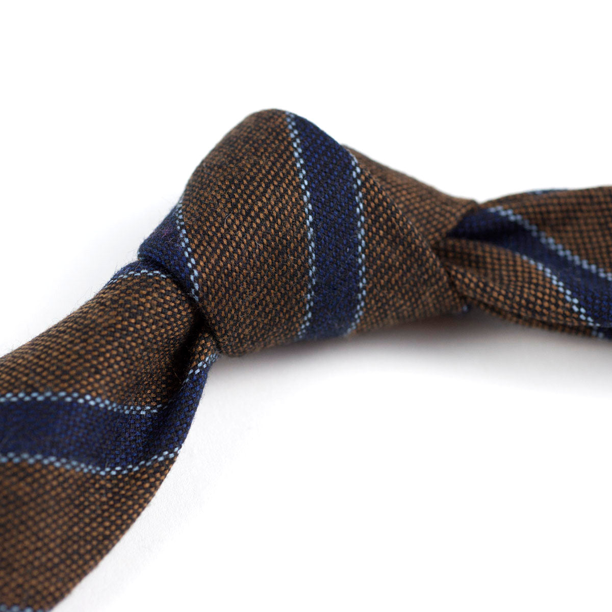 Brown wool tie, navy & light blue stripes