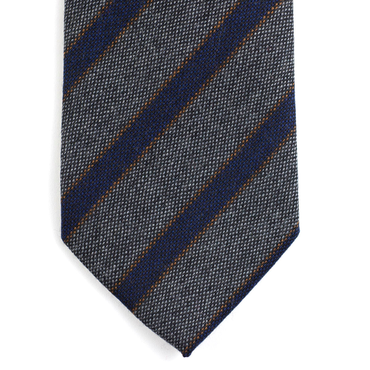 Grey wool tie, navy & brown stripes