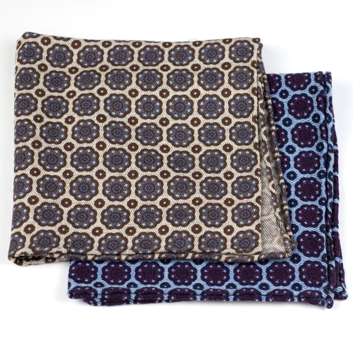 Beige wool & silk pocket square, brown & blue archival print