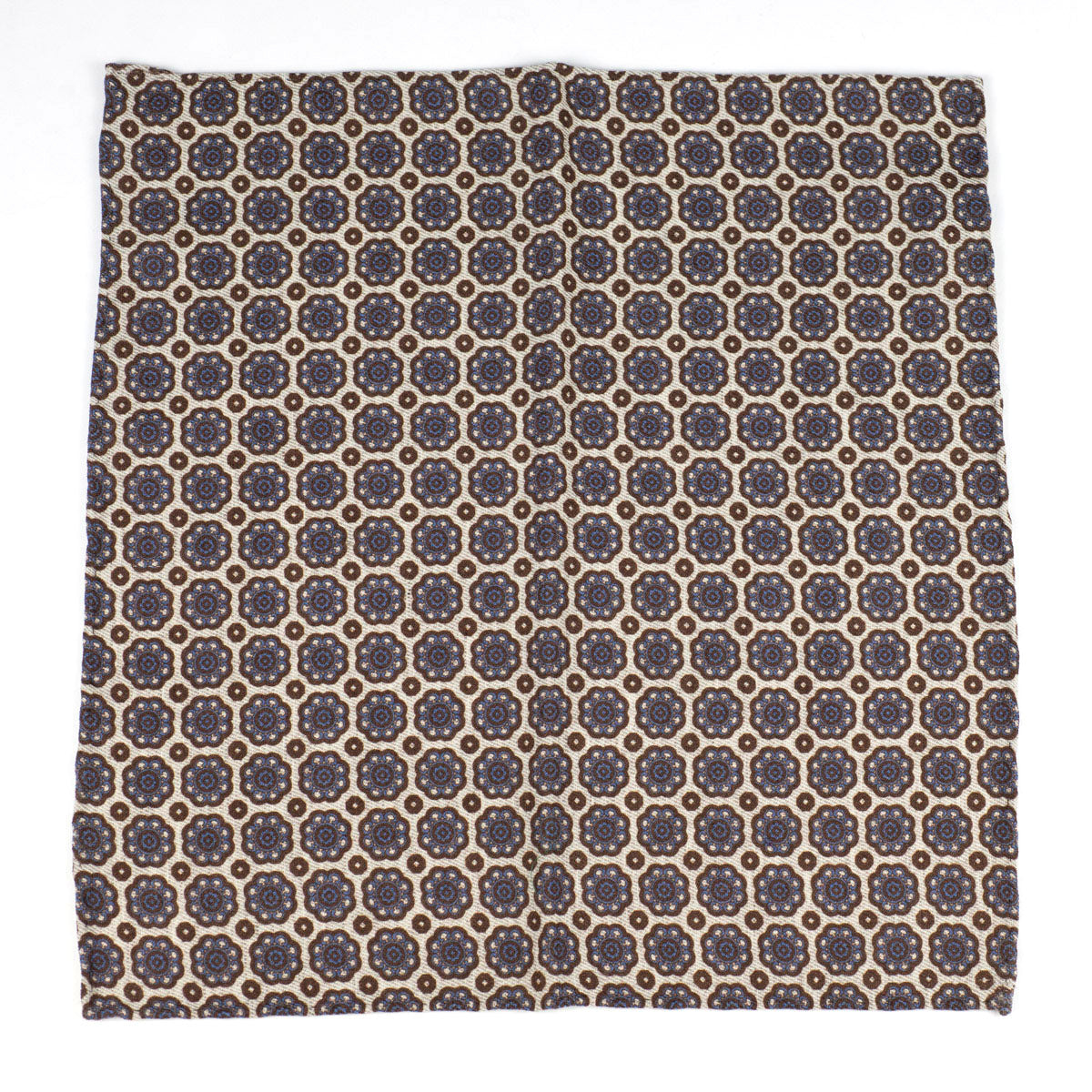 Beige wool & silk pocket square, brown & blue archival print