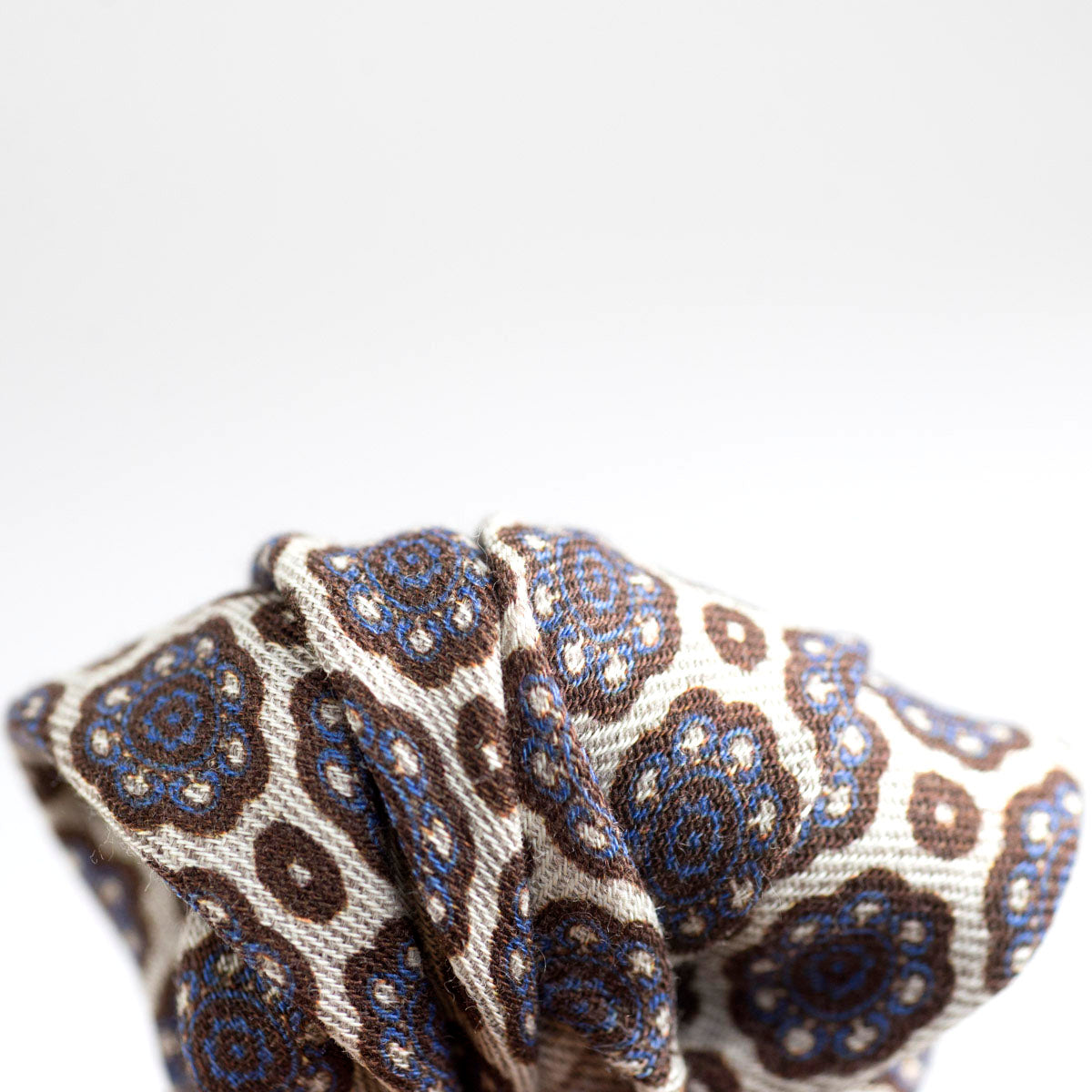 Beige wool & silk pocket square, brown & blue archival print