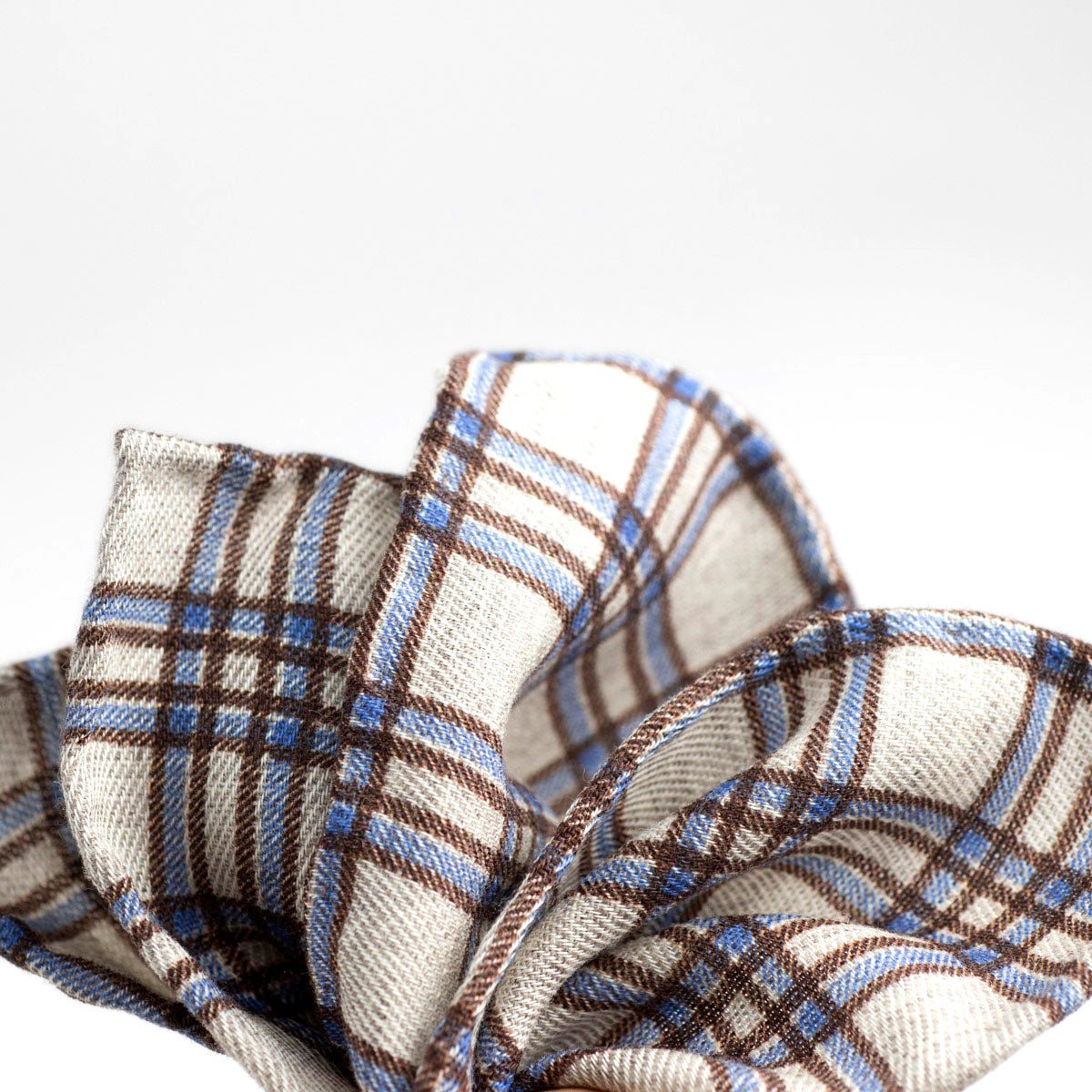 Beige wool & silk pocket square, brown & blue plaid print