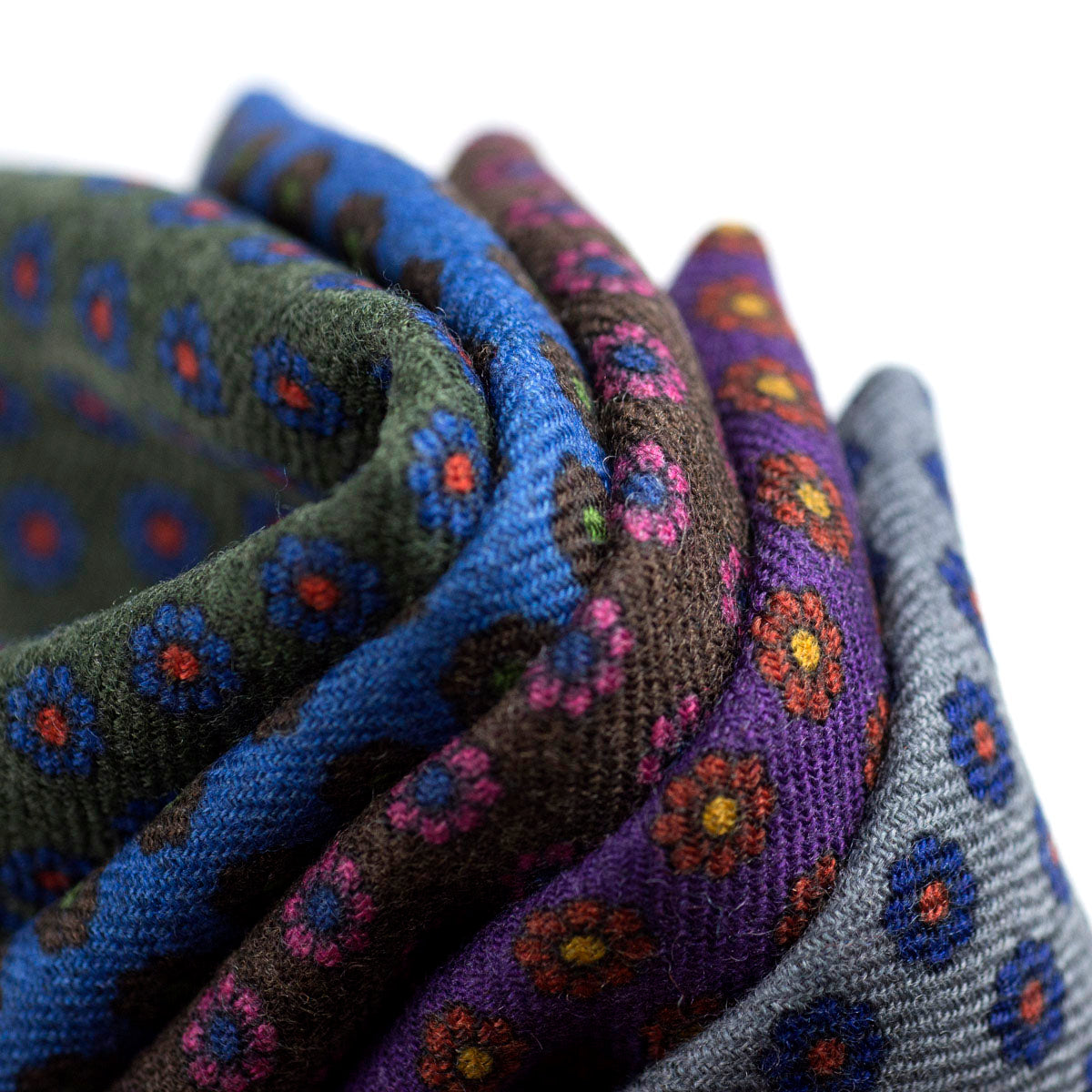 Grey wool pocket square, navy & orange flower print