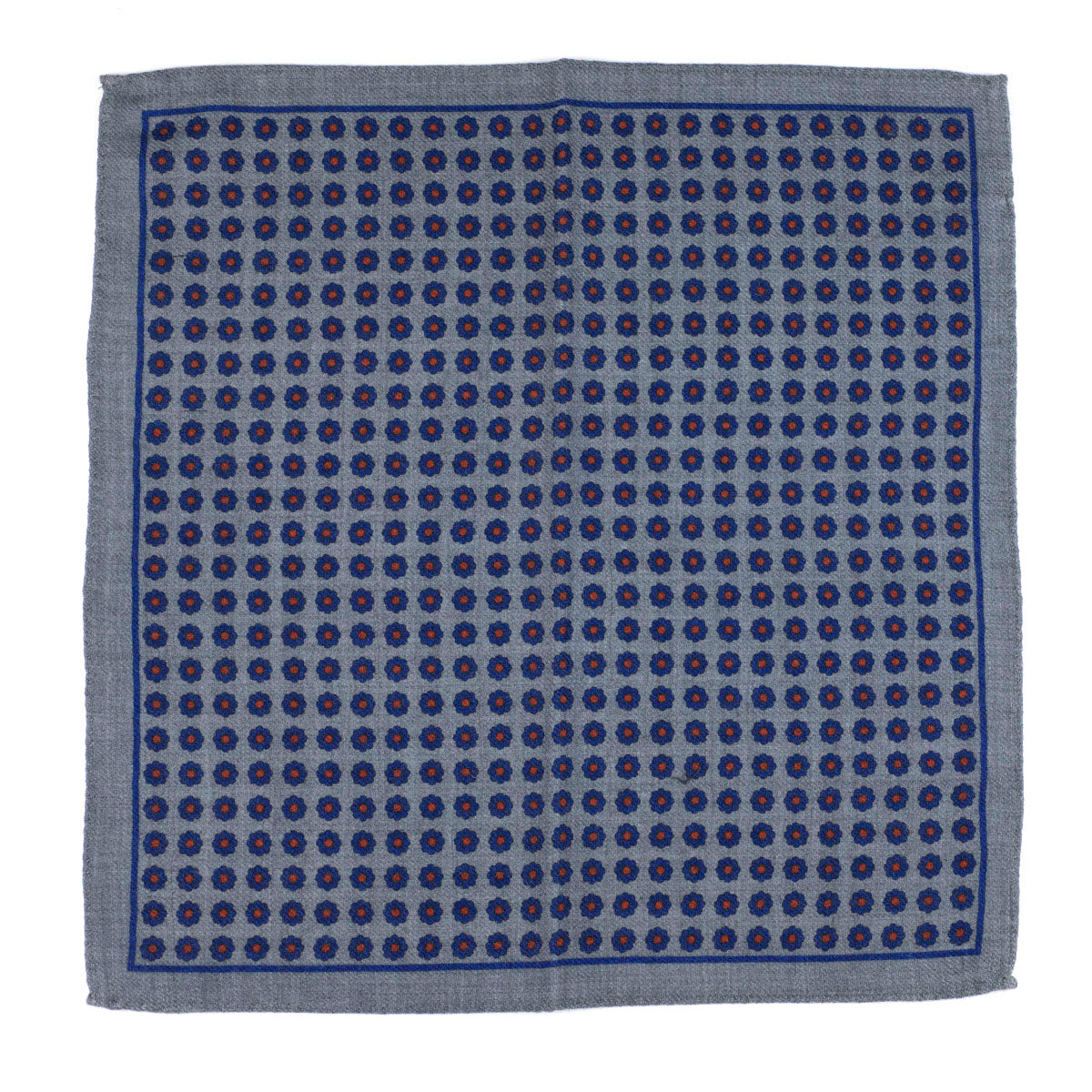 Grey wool pocket square, navy & orange flower print