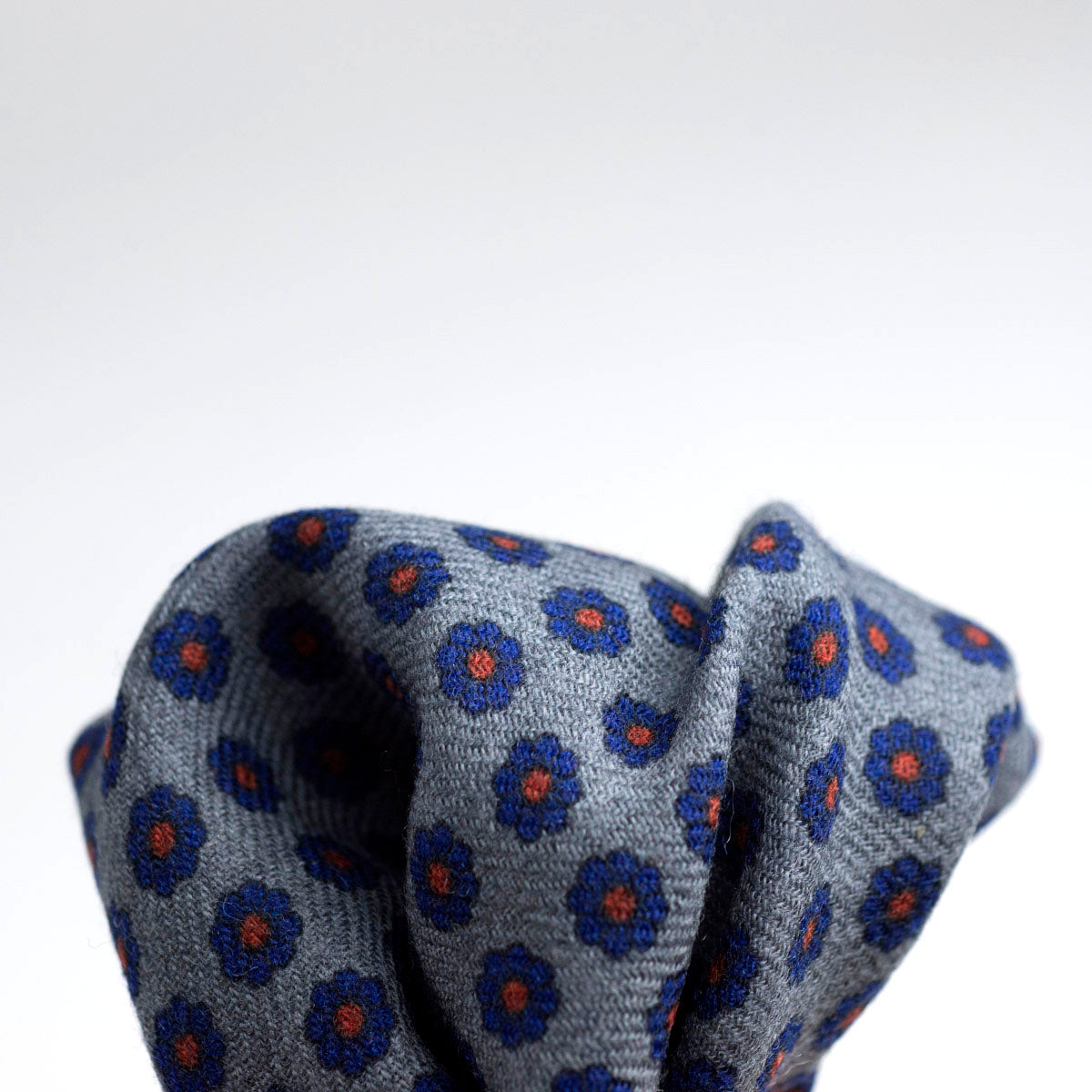 Grey wool pocket square, navy & orange flower print