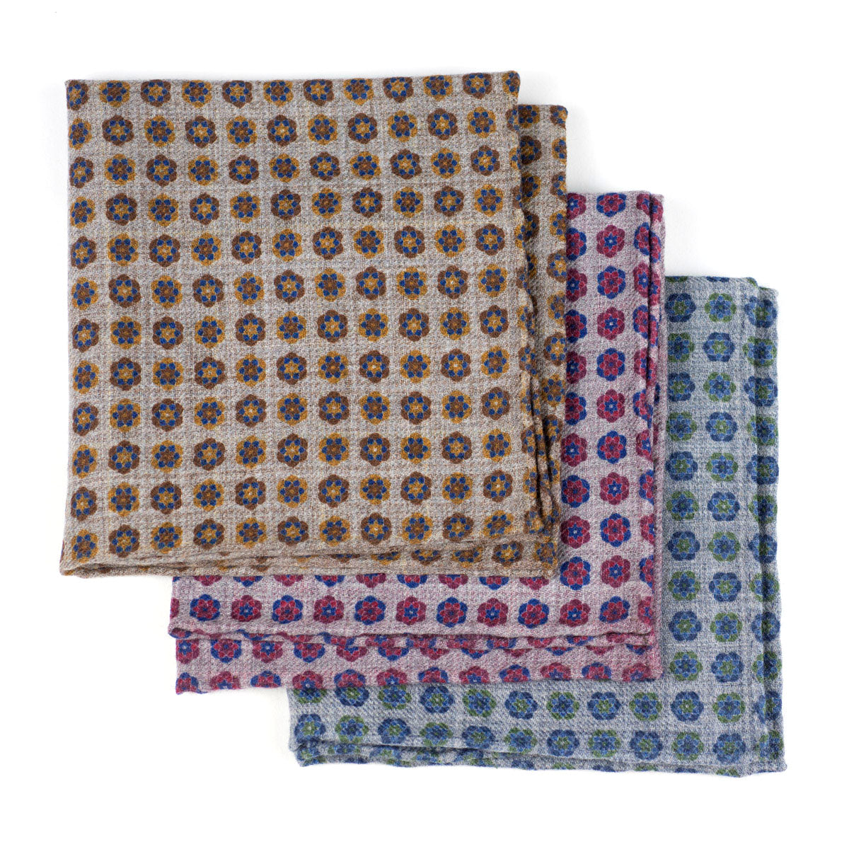 Double-sided beige wool pocket square, caramel & navy flower and glenplaid prints