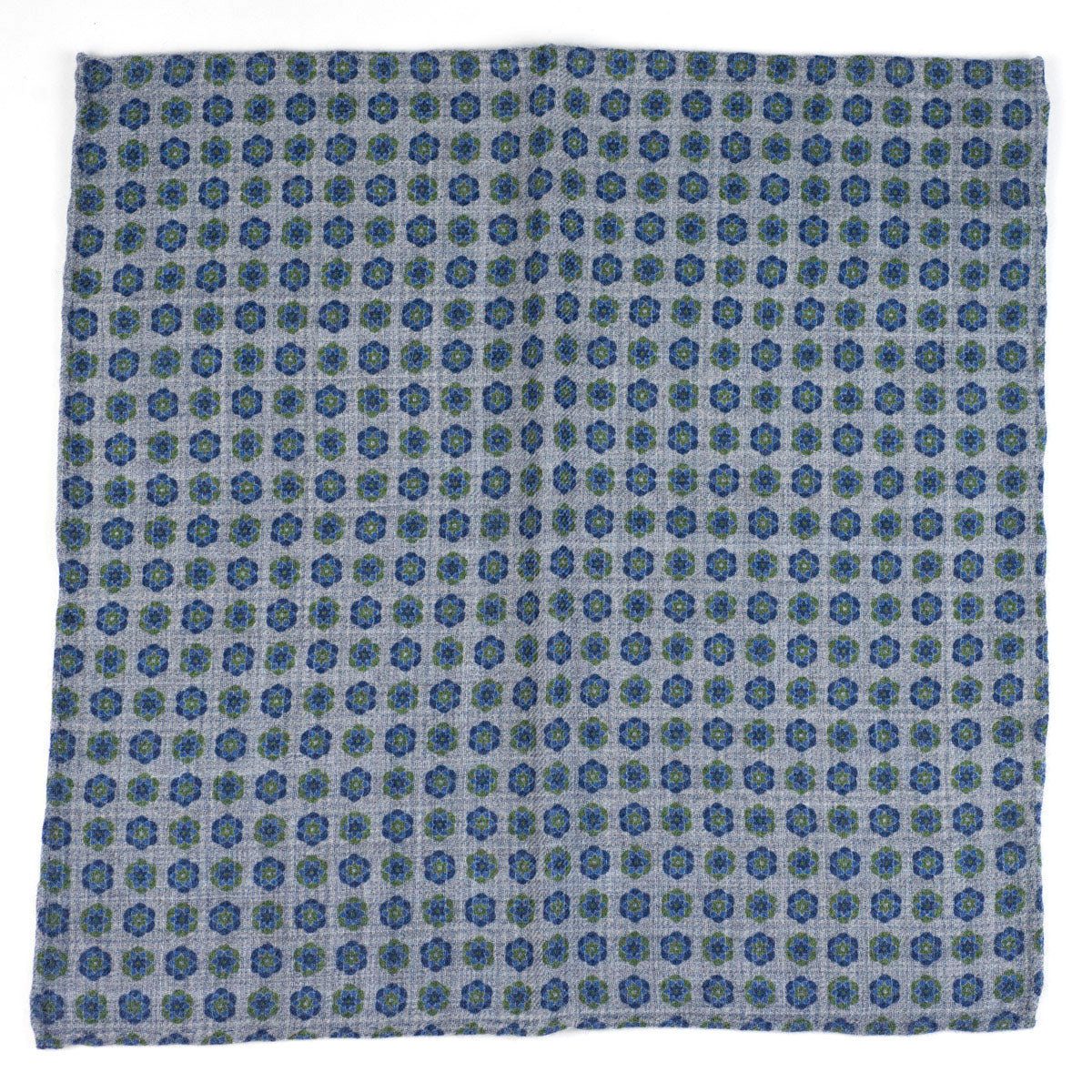 Double-sided grey wool pocket square, navy & green flower and glenplaid prints