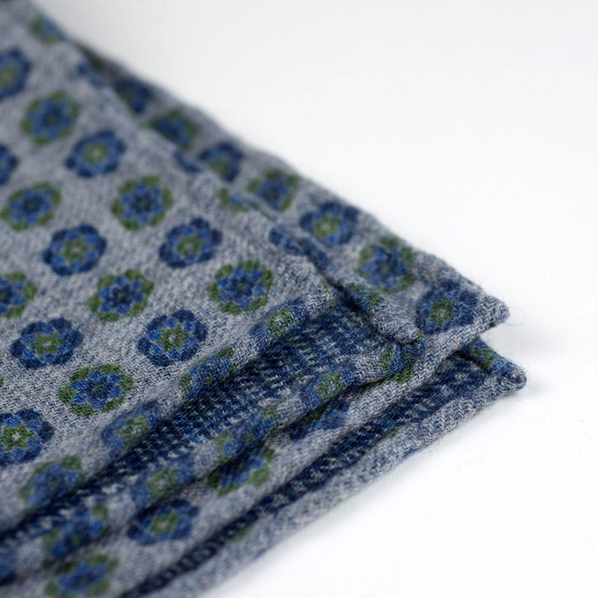 Double-sided grey wool pocket square, navy & green flower and glenplaid prints