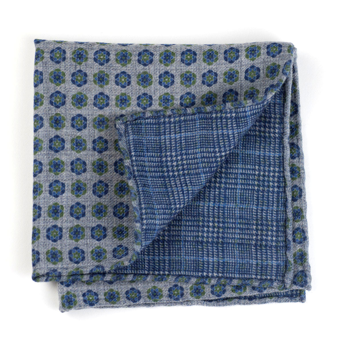 Double-sided grey wool pocket square, navy & green flower and glenplaid prints