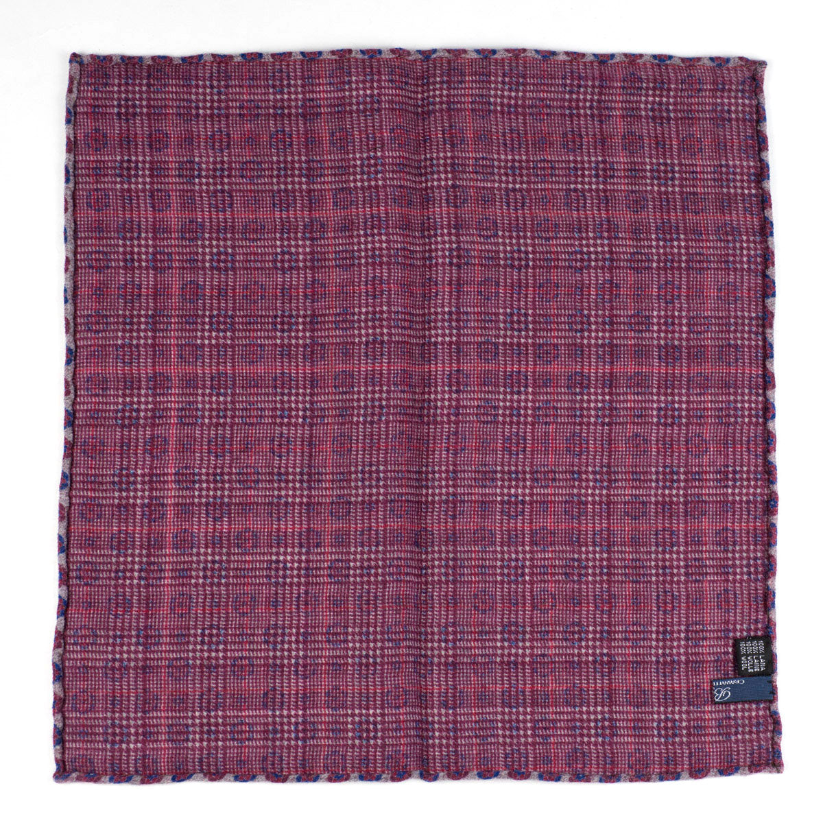 Double-sided beige wool pocket square, cranberry & navy flower and glenplaid prints