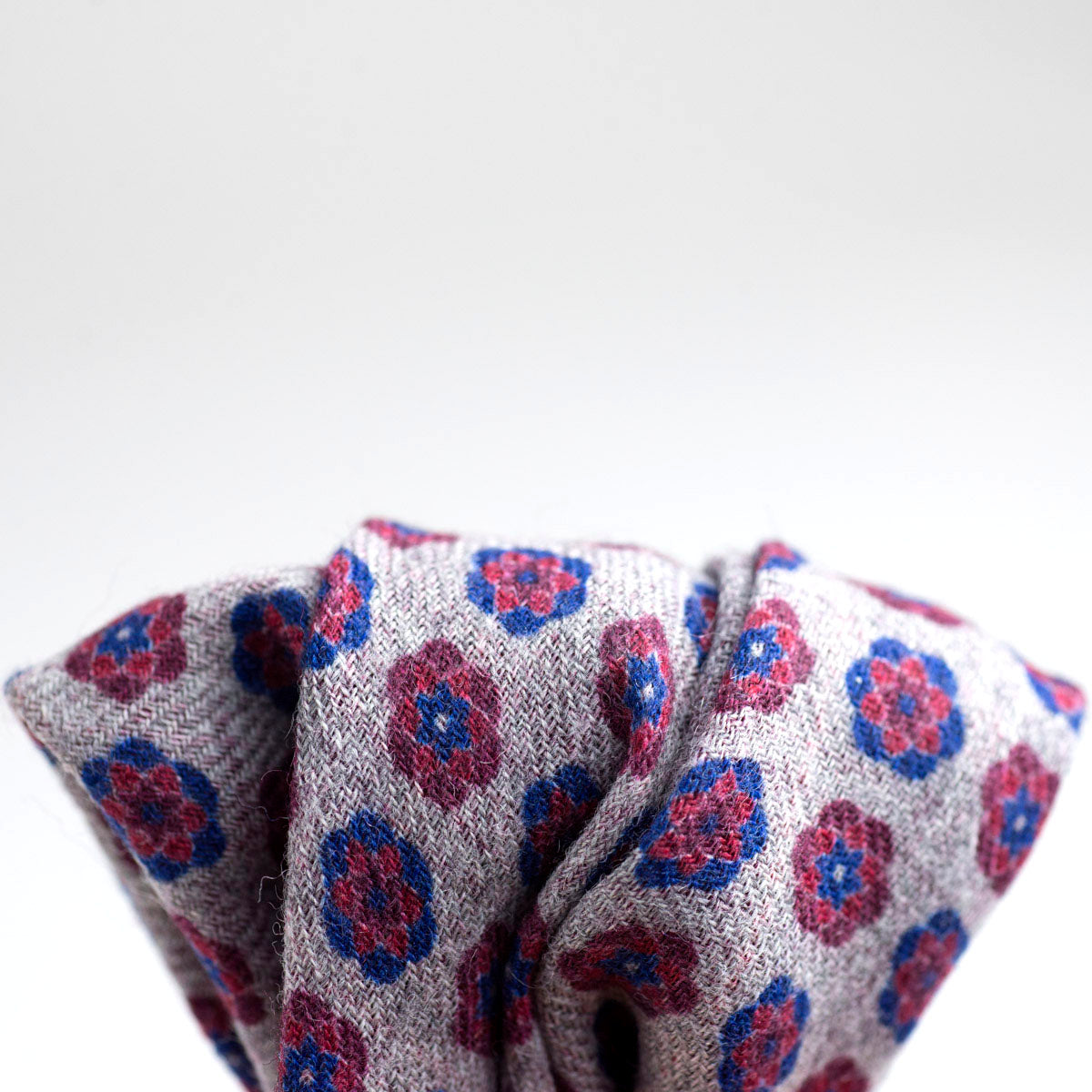 Double-sided beige wool pocket square, cranberry & navy flower and glenplaid prints