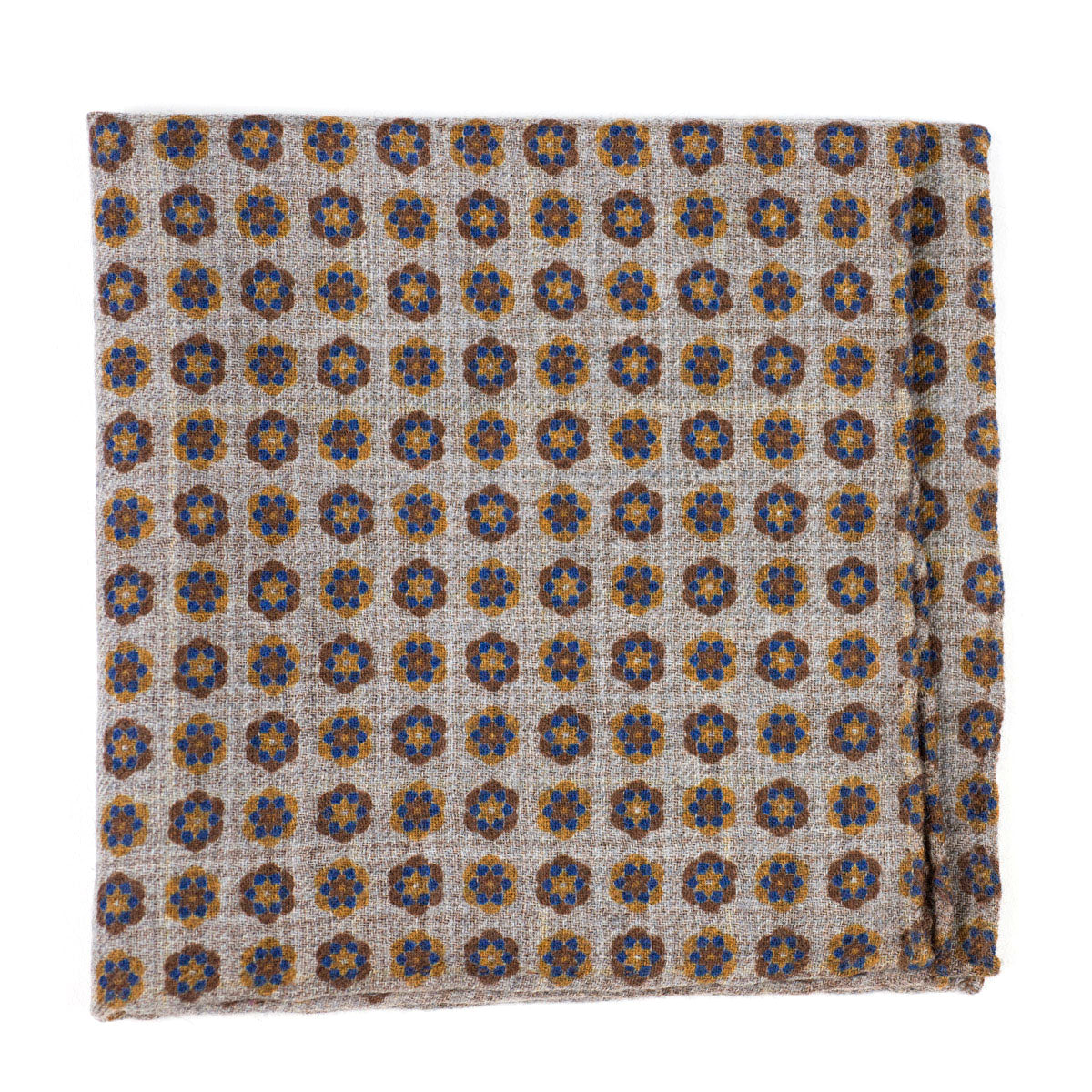 Double-sided beige wool pocket square, caramel & navy flower and glenplaid prints