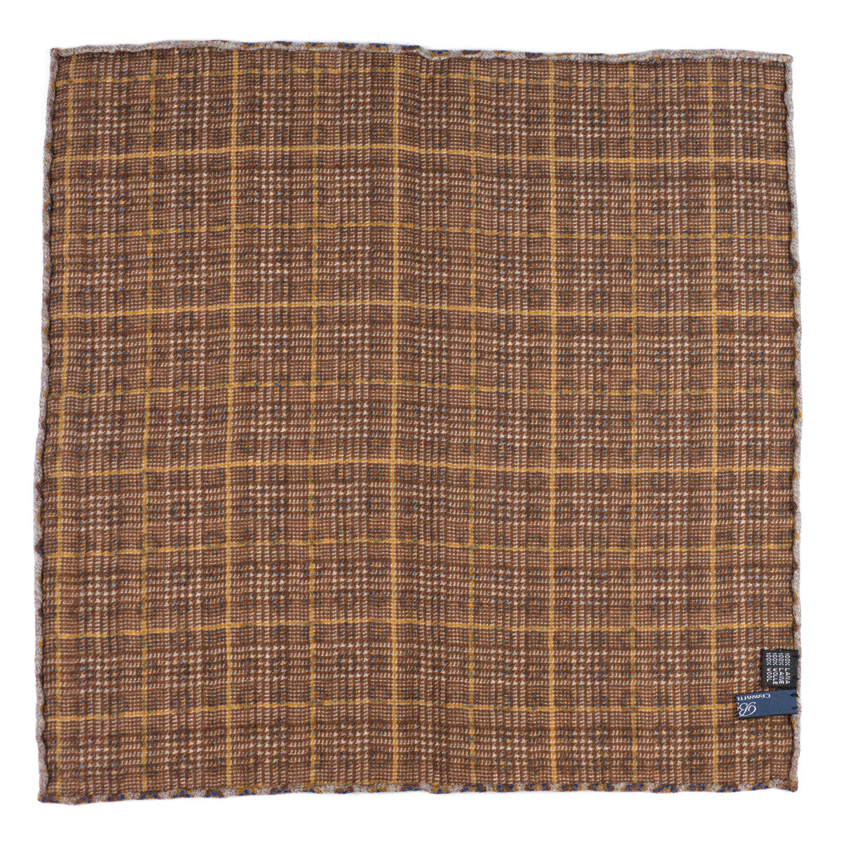 Double-sided beige wool pocket square, caramel & navy flower and glenplaid prints