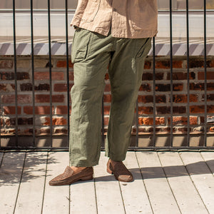 Patch pocket easy pants in overdyed washed olive cotton and hemp (restock)