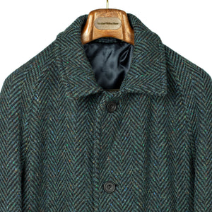 Belted balmacaan coat in handloomed Donegal blue-green herringbone