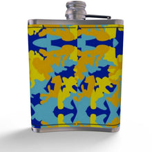 Load image into Gallery viewer, Yellow Blue Neon Camouflage Leather Wrapped Hip Flask by The Photo Access
